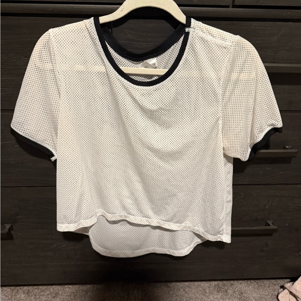 White Mesh Short-Sleeve Top with Black Trim